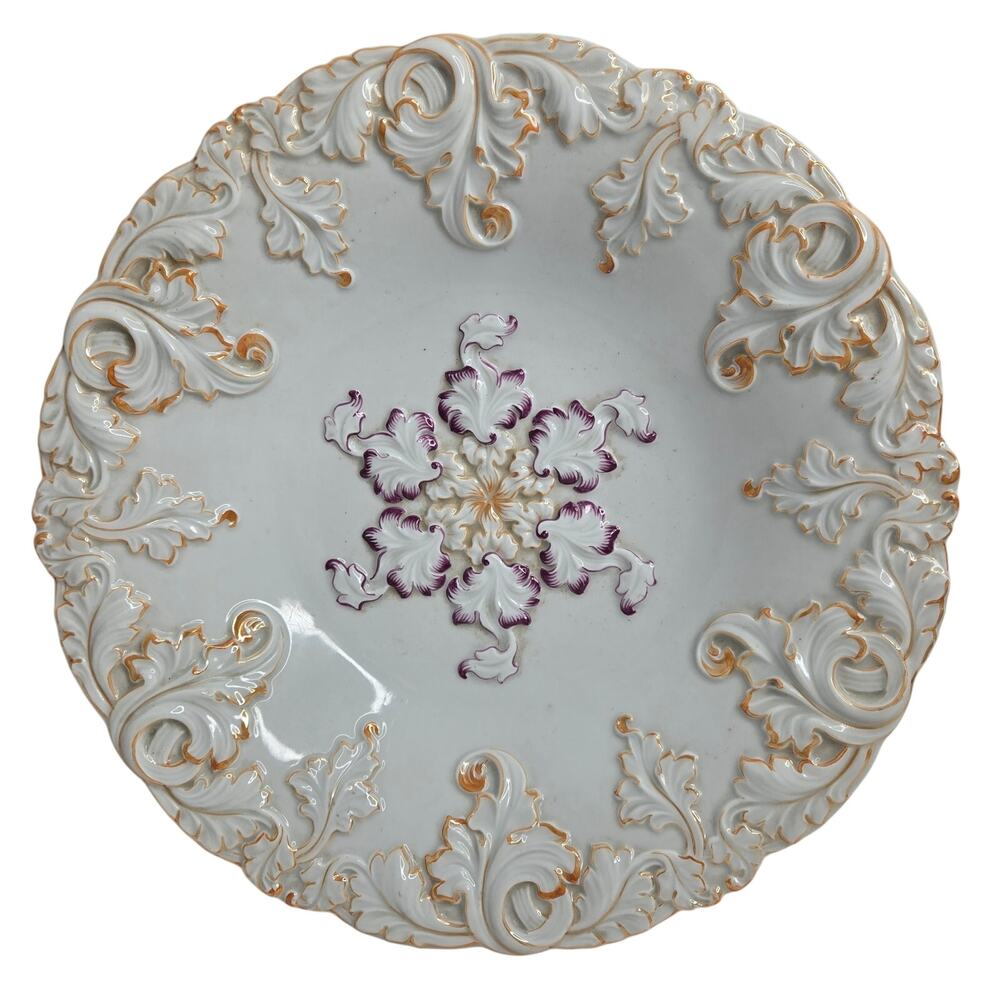 Meissen VTG Porcelain B-Form Style Relief Bowl Purple & Gold Luster Rococo Leaf